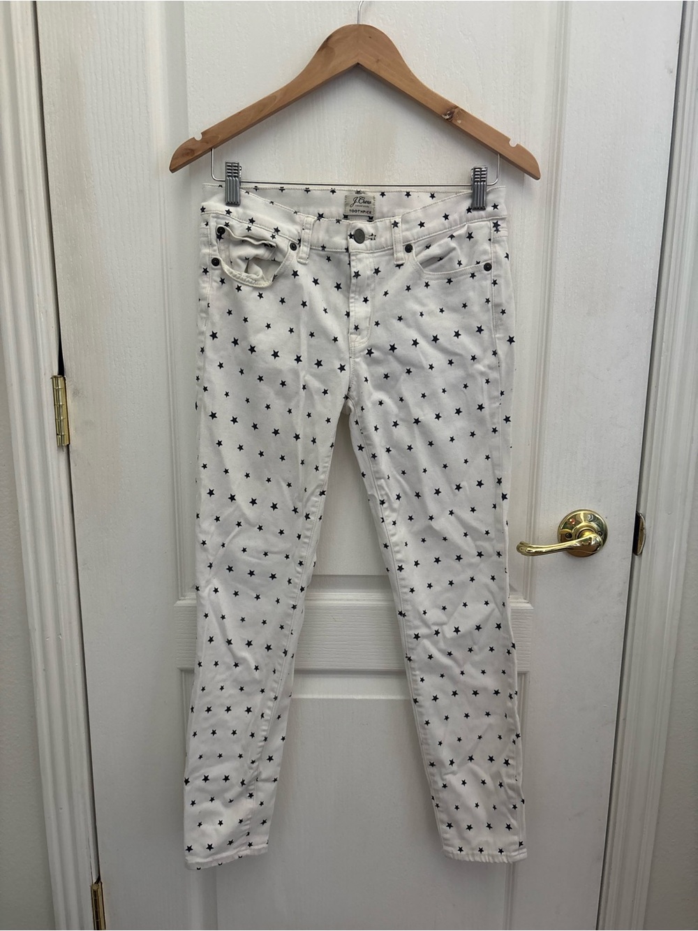 J. Crew White Skinny Jeans with Navy Blue Star Print